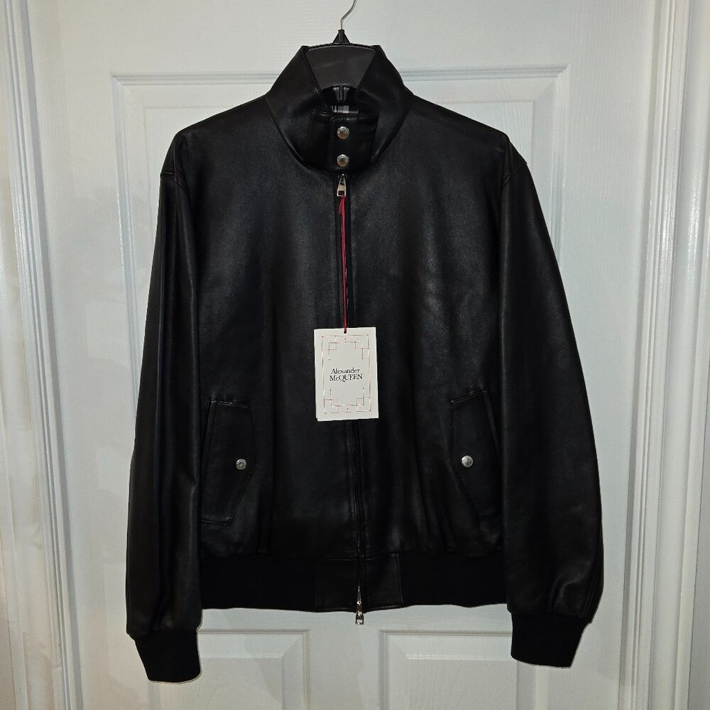 Alexander McQueen Leather Bomber Jacket with Embroidery Logo in the Collar